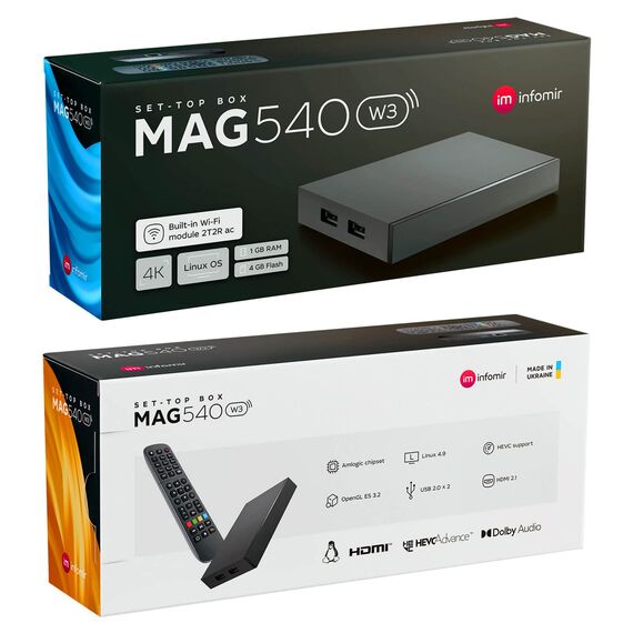 MAG 540w3 Original Infomir & hb-digital 4K Set Top Box Multimedia Player Internet TV Receiver UHD 60FPS 2160p@60 FPS HDMI 2.1 4K- und HEVC-Unterstützung USB3.0 ARM Cortex-A35 + HDMI Kabel