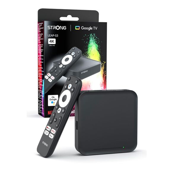 STRONG Leap-S3 4K UHD Google TV-Streamingbox Mit Ethernet-Port, 2GB RAM + 16GB Speicher, Integriertem Chromecast, WiFi, Google-Sprachsteuerung, HDR10+, Dolby Atmos & Dolby Vision