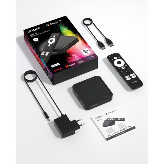 STRONG Leap-S3 4K UHD Google TV-Streamingbox Mit Ethernet-Port, 2GB RAM + 16GB Speicher, Integriertem Chromecast, WiFi, Google-Sprachsteuerung, HDR10+, Dolby Atmos & Dolby Vision