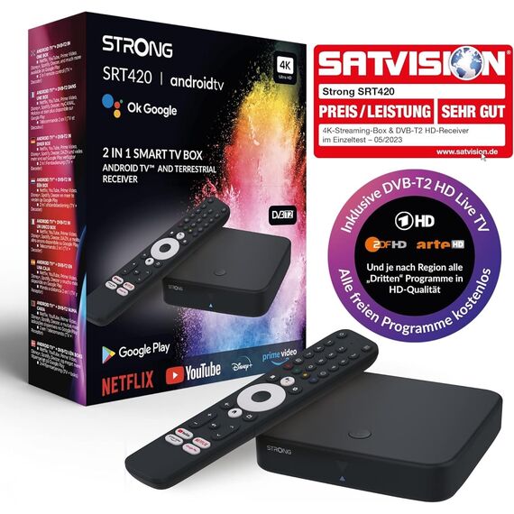 STRONG - Streaming Box Android TV 4K UHD - SRT 423 - Chromecast Built-in - DVB-T2 & Kabelreceiver - Sprachsteuerung - Dolby Vision Atmos - Google Play, Netflix, Prime Video, Disney+ - schwarz