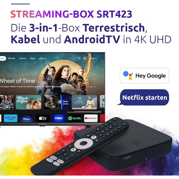 STRONG - Streaming Box Android TV 4K UHD - SRT 423 - Chromecast Built-in - DVB-T2 & Kabelreceiver - Sprachsteuerung - Dolby Vision Atmos - Google Play, Netflix, Prime Video, Disney+ - schwarz