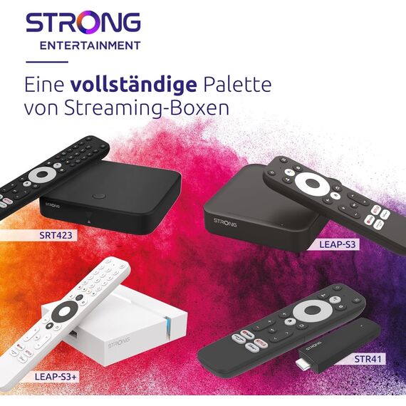 STRONG - Streaming Box Android TV 4K UHD - SRT 423 - Chromecast Built-in - DVB-T2 & Kabelreceiver - Sprachsteuerung - Dolby Vision Atmos - Google Play, Netflix, Prime Video, Disney+ - schwarz