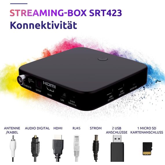 STRONG - Streaming Box Android TV 4K UHD - SRT 423 - Chromecast Built-in - DVB-T2 & Kabelreceiver - Sprachsteuerung - Dolby Vision Atmos - Google Play, Netflix, Prime Video, Disney+ - schwarz