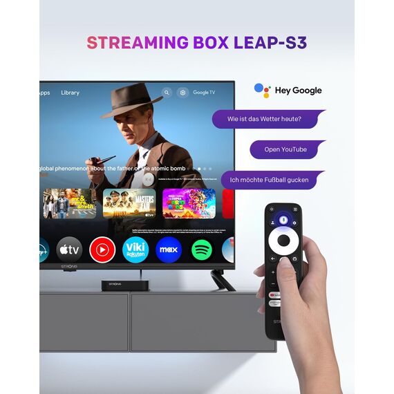 STRONG Leap-S3 4K UHD Google TV-Streamingbox Mit Ethernet-Port, 2GB RAM + 16GB Speicher, Integriertem Chromecast, WiFi, Google-Sprachsteuerung, HDR10+, Dolby Atmos & Dolby Vision