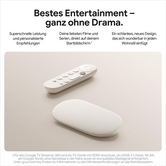 Google TV Streamer 4K – entspannte Unterhaltung durch schnelles Streaming und Fernbedienung mit Sprachsuche – Filme, Serien, Live-Sendungen und Netflix in 4K HDR – 32 GB Speicherplatz – Porcelain