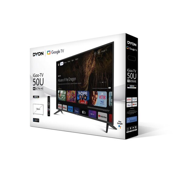 DYON iGoo-TV 50U - 50 Zoll (126 cm) 4K Ultra HD Smart LED Fernseher mit Google TV, HD Triple Tuner, Sprachsteuerung, Netflix, Prime Video, YouTube, DAZN, Disney+
