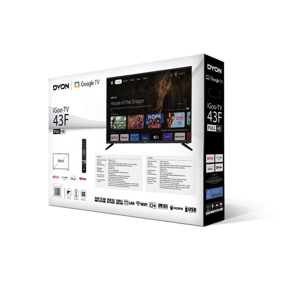 DYON iGoo-TV 43F – 43 Zoll (108 cm) Full HD Smart LED Fernseher mit Google TV, HD Triple Tuner, Sprachsteuerung, Netflix, Prime Video, YouTube, DAZN, Disney+