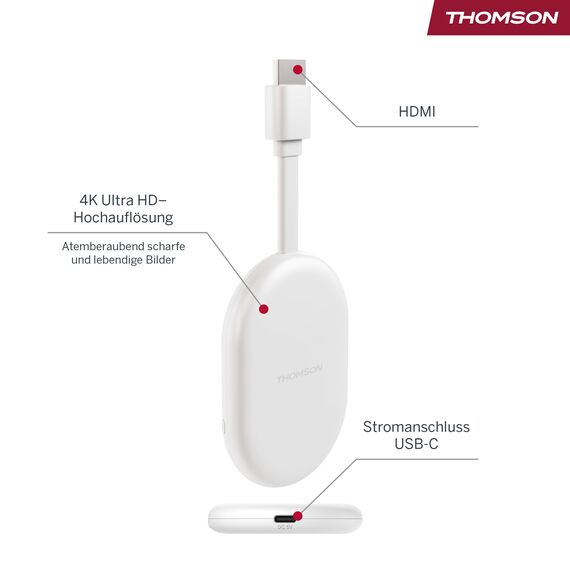 Thomson Go Cast 152 Streaming Dongle, 4K UHD Google TV Stick mit Google Assistant, Google Cast, Dolby Atmos, Dolby Digital+, HDR10, 2GB RAM, 32GB Speicher, Kompakt und Tragbar – Weiß