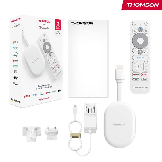 Thomson Go Cast 152 Streaming Dongle, 4K UHD Google TV Stick mit Google Assistant, Google Cast, Dolby Atmos, Dolby Digital+, HDR10, 2GB RAM, 32GB Speicher, Kompakt und Tragbar – Weiß