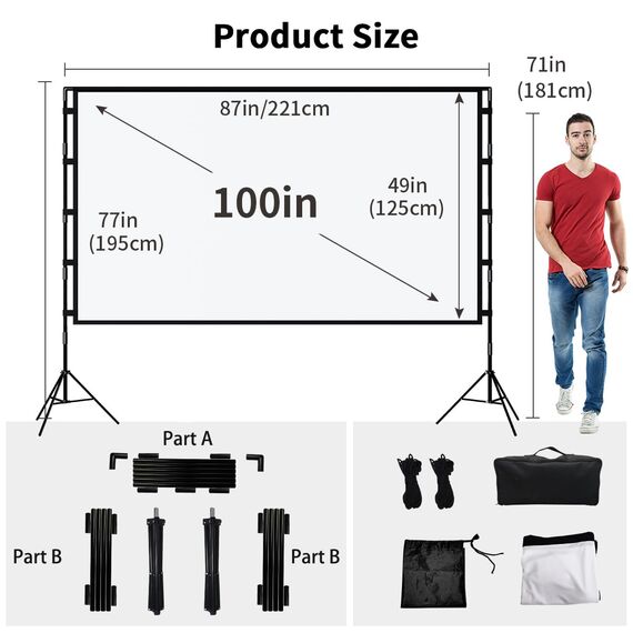 TOWOND Beamer Leinwand mit Stativ, Mobile Leinwand für Beamer 100 Zoll, Filmleinwand Indoor Projektor Tragbare Outdoor Kino, 16:9 HD Rear Front Projektion mit Tragetasche für Home Garten Party Nächte