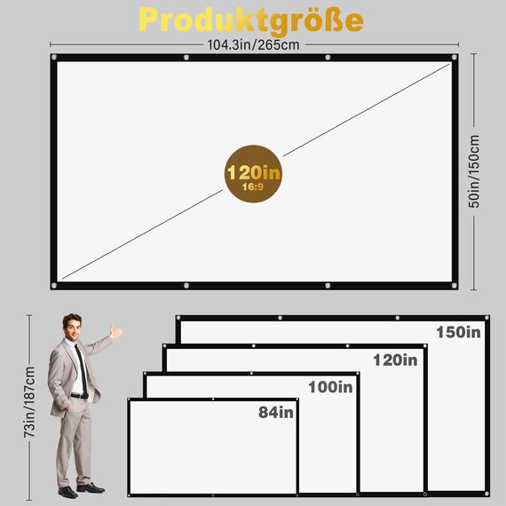 MgFjaka Beamer Leinwand 120 Zoll - 16:9 HD Faltbare Projektionsleinwand, Anti-Falten 4K Projector Screen 265x150 cm, Doppelseitige Projektion Leinwand für Camping und Heimkino, Zuhause Schule Treffen