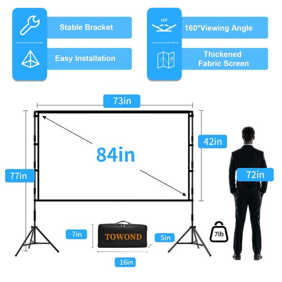 TOWOND Projektorleinwand mit Ständer, 84 Zoll Projektorleinwand für Außen, Tragbare Innenprojektionsleinwand 16:9 4K Hinterhofleinwand mit Tragetasche für