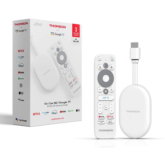 Thomson Go Cast 152 Streaming Dongle, 4K UHD Google TV Stick mit Google Assistant, Google Cast, Dolby Atmos, Dolby Digital+, HDR10, 2GB RAM, 32GB Speicher, Kompakt und Tragbar – Weiß