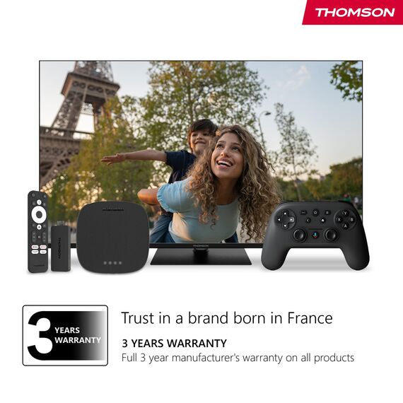 THOMSON Streaming Box Plus 270, Google TV, 4K UHD, Sprachsteuerung, Voice Control, Google Cast, Netflix, Disney Plus, Wi Fi, Mehrfachstecker Netzteil, 3 GB RAM, 32 GB Speicher
