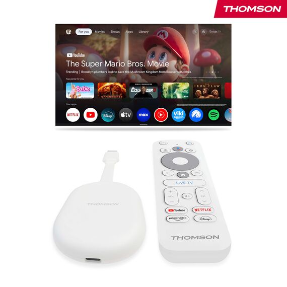 Thomson Go Cast 152 Streaming Dongle, 4K UHD Google TV Stick mit Google Assistant, Google Cast, Dolby Atmos, Dolby Digital+, HDR10, 2GB RAM, 32GB Speicher, Kompakt und Tragbar – Weiß