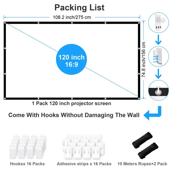 Beamer Leinwand 120 Zoll, LEORFI Projektionsleinwand Outdoor 16: 9 HD, Tragbare Faltbar Anti-Falten Projektion leinwand 275x156cm, Doppelseitige Projektion, Projektor Leinwand für Camping und Heimkino