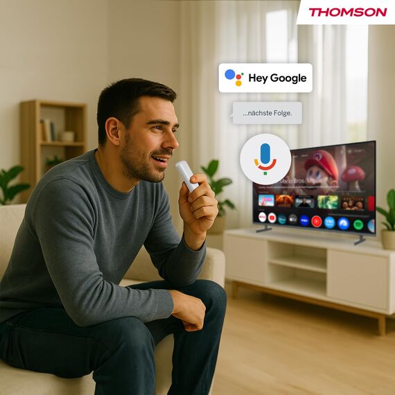 Thomson Go Cast 152 Streaming Dongle, 4K UHD Google TV Stick mit Google Assistant, Google Cast, Dolby Atmos, Dolby Digital+, HDR10, 2GB RAM, 32GB Speicher, Kompakt und Tragbar – Weiß