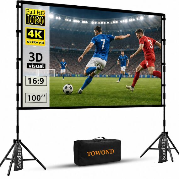 TOWOND Beamer Leinwand mit Stativ, Mobile Leinwand für Beamer 100 Zoll, Filmleinwand Indoor Projektor Tragbare Outdoor Kino, 16:9 HD Rear Front Projektion mit Tragetasche für Home Garten Party Nächte