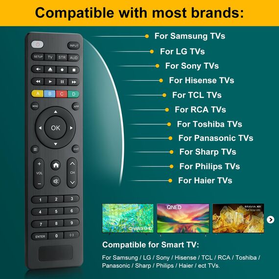 Universalfernbedienung-Fernseher-für-TV, Universal-Fernbedienung für Samsung, LG, Sony, Hisense, TCL, Panasonic, Philips, Streaming-Player, Soundbar-Audio, DVD-/Blu-ray-Player