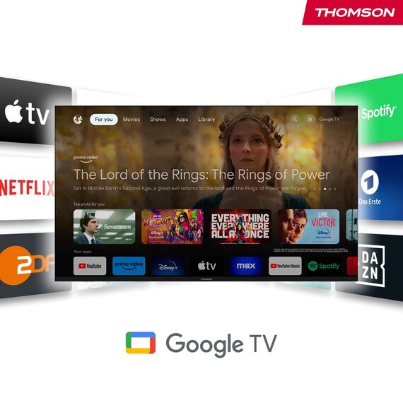 Thomson Go Cast 152 Streaming Dongle, 4K UHD Google TV Stick mit Google Assistant, Google Cast, Dolby Atmos, Dolby Digital+, HDR10, 2GB RAM, 32GB Speicher, Kompakt und Tragbar – Weiß