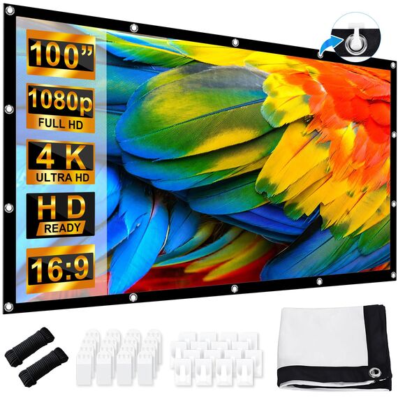 Beamer Leinwand 100 Zoll, LEORFI Projektionsleinwand Outdoor 16: 9 HD, Tragbare Faltbar Anti-Falten Projektion leinwand 227x127cm, Doppelseitige Projektion, Projektor Leinwand für Camping und Heimkino