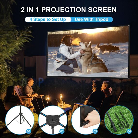 Beamer Leinwand mit Stativ, Tragbar Projektor Leinwand 120 Zoll, 16:9, 4K HD ProjektionLeinwand, Leicht und Kompakt, tragen, Ideal für Heimkino, Innen/außen Filme.