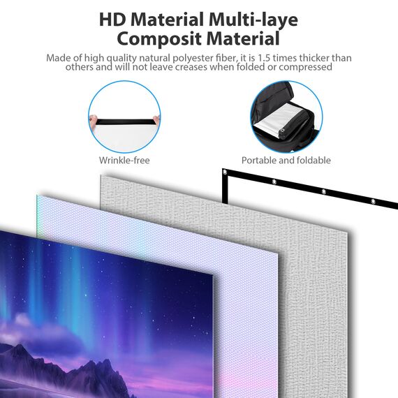 Beamer Leinwand 150 Zoll, LEORFI Projektionsleinwand Outdoor 16: 9 HD, Tragbare Faltbar Anti-Falten Projektion 336x190cm, Doppelseitige Projektion, Projektor Leinwand für Camping und Heimkino