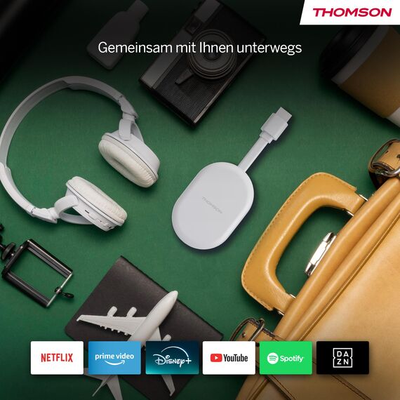 Thomson Go Cast 152 Streaming Dongle, 4K UHD Google TV Stick mit Google Assistant, Google Cast, Dolby Atmos, Dolby Digital+, HDR10, 2GB RAM, 32GB Speicher, Kompakt und Tragbar – Weiß