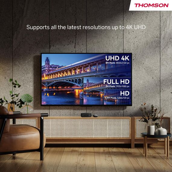 THOMSON Streaming Box Plus 270, Google TV, 4K UHD, Sprachsteuerung, Voice Control, Google Cast, Netflix, Disney Plus, Wi Fi, Mehrfachstecker Netzteil, 3 GB RAM, 32 GB Speicher