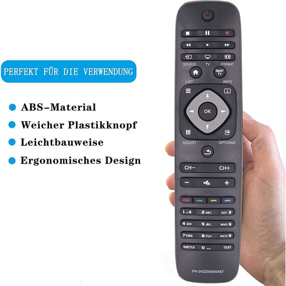 FOXRMT Ersatz-Philips-Fernbedienung, Universal-Fernbedienung für Philips Smart TV, kompatibel mit 40PFL5007H/12 40PFL5007K/12 40PFL5007T/12