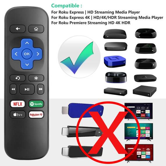Fernbedienung-für-Roku-Express-4K+, für Roku Box, für Roku Premiere, für Roku Streaming Media Player mit Netflx, Aple tv+, Spotify, Rakuten TV Buttons