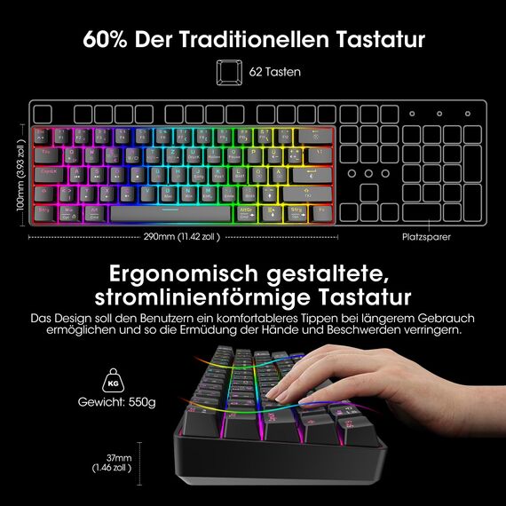 KOORUI Gaming Tastatur, 60% Mechanisch Tastatur 26 RGB Hinterleuchtet Kabelgebunden Deutsches Layout QWERTZ Gaming Keyboard für Windows MacOS Linux-Rotem Schalter