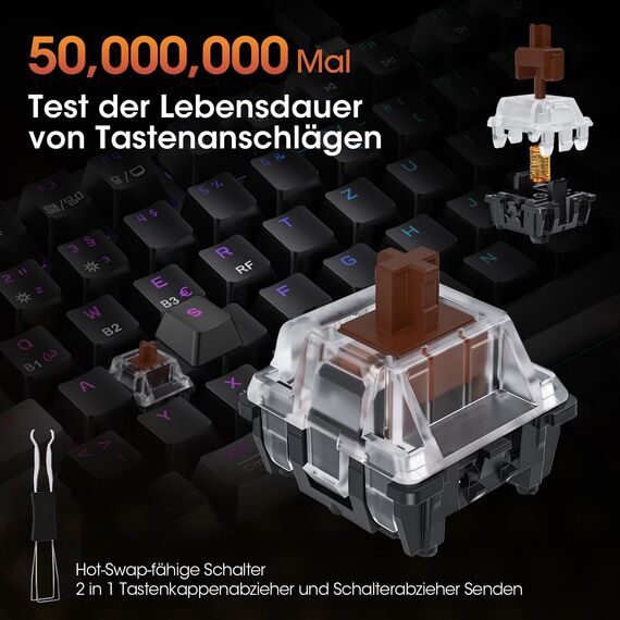 KOORUI Mechanisch Tastatur, Gaming Tastatur Kabellos/Kabelgebunden/Bluetooth 26 RGB Wiederaufladbare 4000mAh Batterie 82 Tasten Deutsches Layout QWERTZ für Windows MacOS Linux-Brauner Schalter