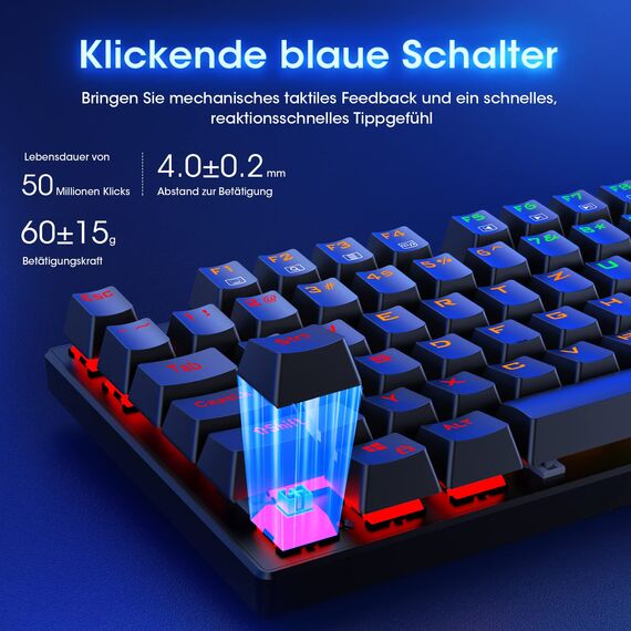 RisoPhy Mechanische Gaming-Tastatur, RGB 104 Tasten, ultraschlanke LED-Hintergrundbeleuchtung, kabelgebundene USB-Tastatur mit blauem Schalter