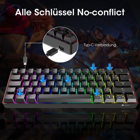 KOORUI Gaming Tastatur, 60% Mechanisch Tastatur 26 RGB Hinterleuchtet Kabelgebunden Deutsches Layout QWERTZ Gaming Keyboard für Windows MacOS Linux-Brauner Schalter