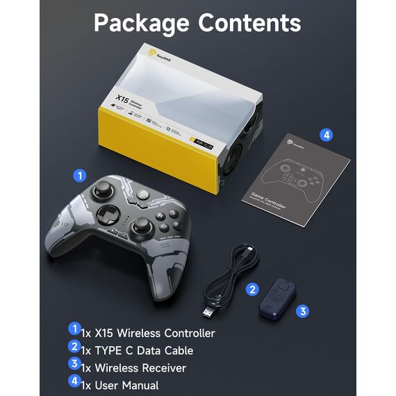 EasySMX X15 PC Controller Wireless mit 7 RGB Licht, Gaming Controller mit Hall Joystick & Trigger, Bluetooth Kompatibel mit PC/Switch/Handy/Tablet - Schwarz