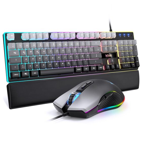 RedThunder K10 Gaming Tastatur und Maus Set, QWERTZ DE Layout, 26KRO Tastatur + 7D 7200 DPI Mause & Weiche Leder Handballenauflage, RGB Beleuchtung für PC Gamer, Mac PS5 Xbox (Grauverlauf)