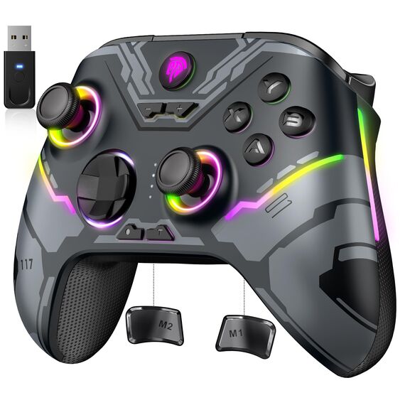 EasySMX X15 PC Controller Wireless mit 7 RGB Licht, Gaming Controller mit Hall Joystick & Trigger, Bluetooth Kompatibel mit PC/Switch/Handy/Tablet - Schwarz