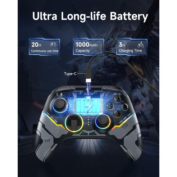 EasySMX X15 PC Controller Wireless mit 7 RGB Licht, Gaming Controller mit Hall Joystick & Trigger, Bluetooth Kompatibel mit PC/Switch/Handy/Tablet - Schwarz