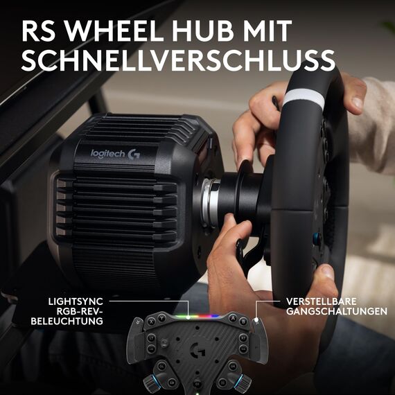 Logitech G RS50 System mit RS QR Racing Adapter: 4-teiliges Rennsimulations-Setup – RS50 Wheel Base 8 Nm Direct Drive, RS Wheel Hub, RS Round Wheel 28 cm und Racing Adapter – für PS5/PS4/PC