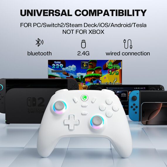 ECHTPower PC Wireless Controller, 1000Hz Gaming-Controller mit RGB/Hall-Joystick/Turbo/Vibration/800mAh Wiederaufladbare Batterie, Wireless-Controller für PC/Switch 2/Switch/Steam Weiß
