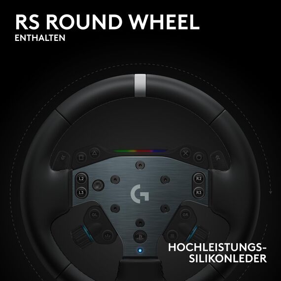 Logitech G RS50 System mit RS QR Racing Adapter: 4-teiliges Rennsimulations-Setup – RS50 Wheel Base 8 Nm Direct Drive, RS Wheel Hub, RS Round Wheel 28 cm und Racing Adapter – für PS5/PS4/PC
