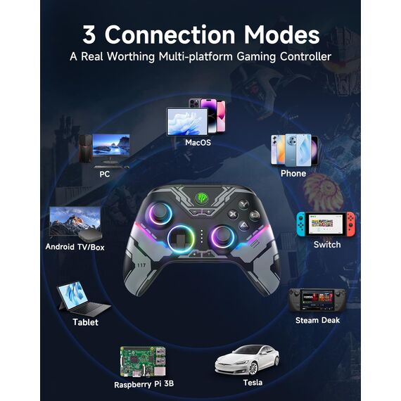 EasySMX X15 PC Controller Wireless mit 7 RGB Licht, Gaming Controller mit Hall Joystick & Trigger, Bluetooth Kompatibel mit PC/Switch/Handy/Tablet - Schwarz
