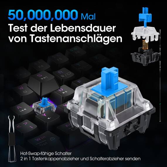 KOORUI Gaming Tastatur, 60% Mechanisch Tastatur 26 RGB Hinterleuchtet Kabelgebunden Deutsches Layout QWERTZ Gaming Keyboard für Windows MacOS Linux-Blauer Schalter