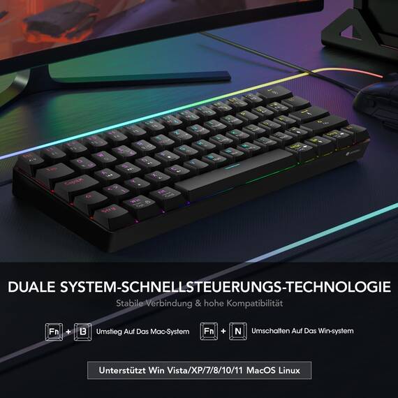 KOORUI Gaming Tastatur, 60% Mechanisch Tastatur 26 RGB Hinterleuchtet Kabelgebunden Deutsches Layout QWERTZ Gaming Keyboard für Windows MacOS Linux-Blauer Schalter