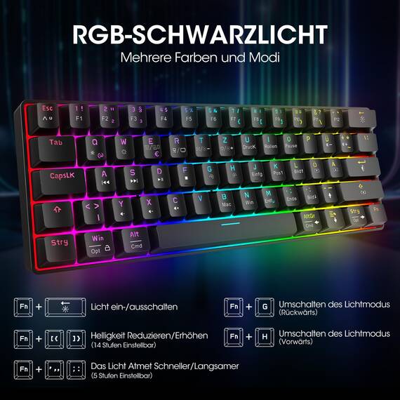 KOORUI Gaming Tastatur, 60% Mechanisch Tastatur 26 RGB Hinterleuchtet Kabelgebunden Deutsches Layout QWERTZ Gaming Keyboard für Windows MacOS Linux-Blauer Schalter