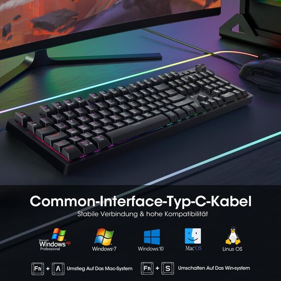 KOORUI Gaming Tastatur, Mechanisch Tastatur QWERTZ Deutsches Layout 104 Tasten 26 RGB Hinterleuchtet Kabelgebunden Gaming Keyboard für Windows MacOS Linux-Rotem Schalter