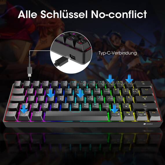 KOORUI Gaming Tastatur, 60% Mechanisch Tastatur 26 RGB Hinterleuchtet Kabelgebunden Deutsches Layout QWERTZ Gaming Keyboard für Windows MacOS Linux-Blauer Schalter