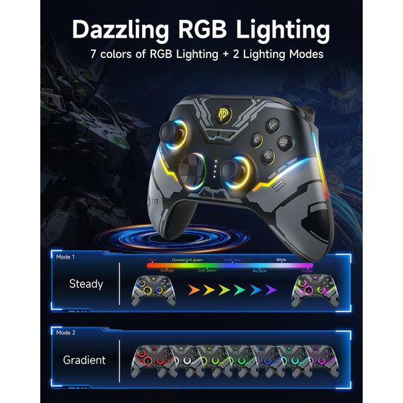 EasySMX X15 PC Controller Wireless mit 7 RGB Licht, Gaming Controller mit Hall Joystick & Trigger, Bluetooth Kompatibel mit PC/Switch/Handy/Tablet - Schwarz