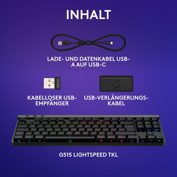 Logitech G G515 Lightspeed TKL kabellose Flache Gaming-Tastatur, LIGHTSYNC RGB, dünnes Profil ohne Ziffernblock, PBT-Tastenkappen, lineare mechanische Switches, Deutsches QWERTZ-Layout - Schwarz